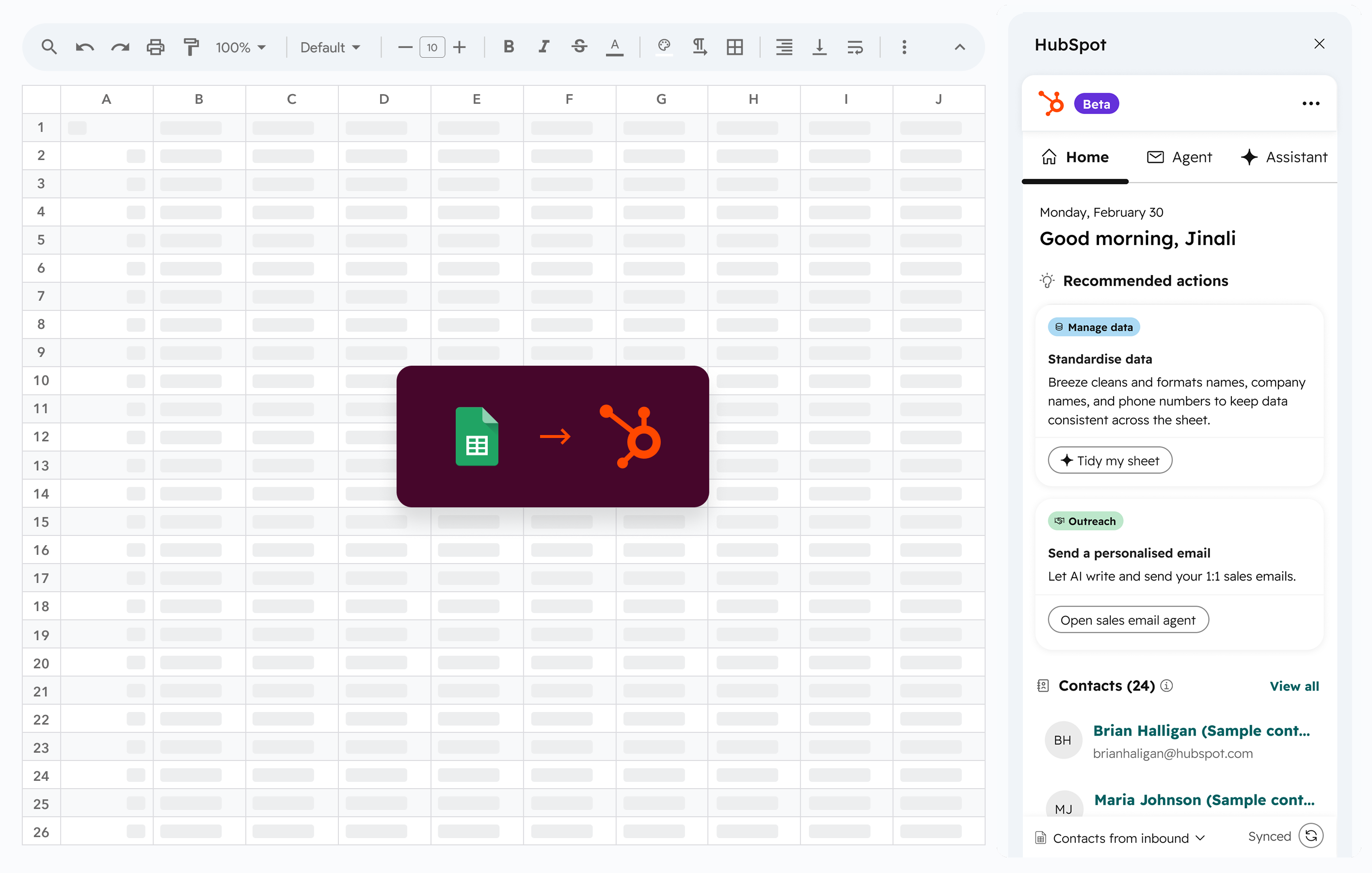 HubSpot for Google Sheets sidebar add-on showing the AI sales assistant inside a spreadsheet